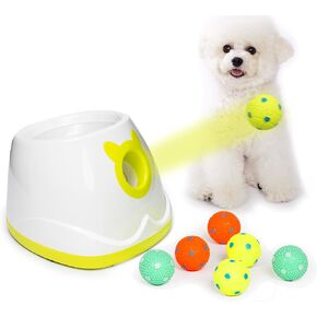 LUXIXI Automatic Ball Launcher for Small to Medium Sized Dogs, 10-30ft Launch Distance, Dog Toy Ball Thrower with 6 Small Sized Latex Balls (White)