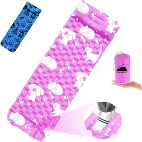 Inflatable Sleeping pad for Kids, Toddler and Youth | Air Mattress w Built-in Pump, 5’5" Ultralight Sleeping Mat with Pillow for Camping, Sleepovers & Travel | Airpad, Kids Cot, Camping Mattress -Pink