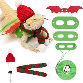 Christmas Bearded Dragon Costume Set with Santa Hat Scarf Adjustable Wings Lizard Leash Harness