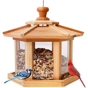 Solution4Patio Hexagon Shaped Gazebo Bird Feeder, USA Cedar, Hollow Mesh Tray, Large Capacity, Easy to Clean & Fill, 9.6" Dia. X 8.7" H, #G-B121A00-US