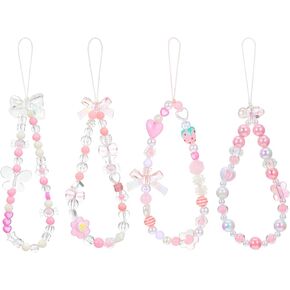 4 Pieces Cute Phone Charms, Pink Phone Charm Beaded Phone Wrist Strap Aesthetic Y2K Phone Keychain Butterfly Flower Phone Charms Strap Phone Chain for Phone Bag Camera Pendants Decor