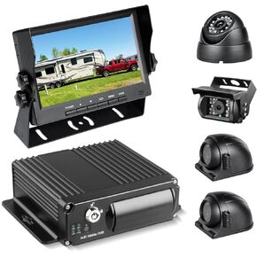 4 Channel 1080P H.265 512 GB Vehicle Car Mobile DVR System Video Recorder Loop Record with IR Night Vision Waterproof Front Side Rear Camera 7 inch VGA Monitor for Truck Bus Camper Van