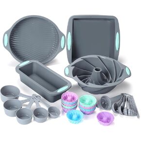 To encounter 49 Pieces Silicone Bakeware Set, Heat Resistant Silicone Baking Pans, Nonstick Silicone Baking Molds for Cake, Bread and Muffin, with Measuring Cups and Spoons Set, Light Grey