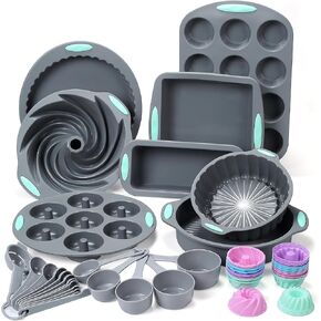 To encounter 49 Pieces Silicone Bakeware Set, Heat Resistant Silicone Baking Pans, Nonstick Silicone Baking Molds for Cake, Bread and Muffin, with Measuring Cups and Spoons Set, Light Grey