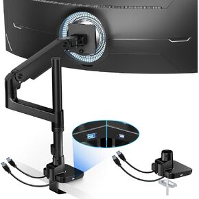 Ultrawide Monitor Mount with USB A/C, Ultrawide Monitor Arm with Extended Column for 17 to 49 inch Heavy Duty Monitor, Holds 44 lbs, Adjustable Gas Spring Monitor Arm Desk Moun, Black