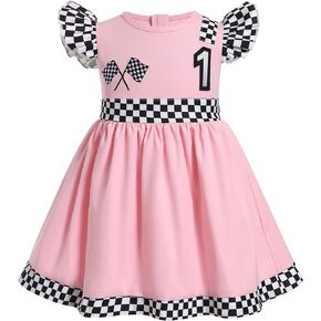 OBEEII Baby Girls Race Car Driver 1st 2nd Birthday Outfit Halloween Fancy Dress Checkerboard Printed Racer Girl Party Dress