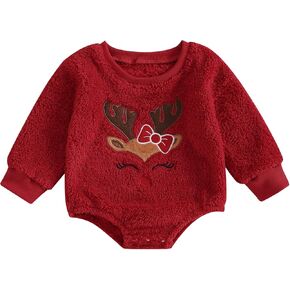 Kayotuas Baby Christmas Outfit Girl Boy Elk Bow Embroidered Fleece Sweatshirt Romper Jumpsuit Long Sleeve Sweater Bodysuits
