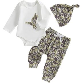 Newborn Baby Boy Hunting Outfit Mallard Duck Long Sleeve Romper Top Elastic Waist Pants Set 3Pcs Fall Winter Clothes