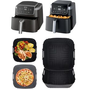 Air Fryer Silicone Liners Square for Ninja AF141 5Qt/Ninja AF181 6.5Qt/Ninja Crispi 4QT Container,Reusable Airfryer Replacement Baking Basket Insert | Non-stick | Easy Cleaning | Food Safe |Gray+Black