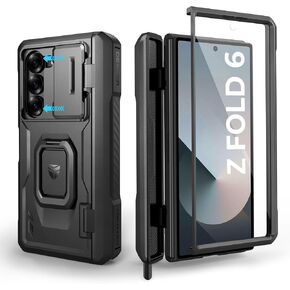 Dexnor for Samsung Galaxy Z Fold 6 Case with Ring Stand & S Pen Holder & Slide Camera Cover & Hinge Protection & Screen Protector,Heavy Duty Bumper Rugged Case Cover for Z Fold 6(2024),Black