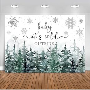 Mocsicka Baby It's Cold Outside Backdrop 7x5ft Winter Baby Shower Party Photo Backdrops Green Mountain Silver Snowflakes Baby Shower Photography Background