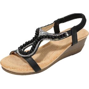 rismart Bohemian Wedge Sandals Women Summer Rhinestone Dressy Shoes
