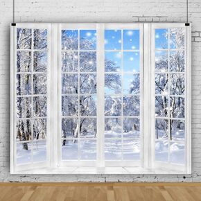 10x8ft Winter Photography Backdrop Beautiful Nature Snowy Scenery Wonderland French Window Background for Kids Children Family Christmas Happy New Year Party Decor Banner Portrait Photo Booth Props