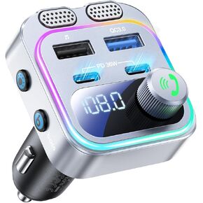 60W Bluetooth 5.4 FM Transmitter Car Adapter [Reinforced Dual Mics & Deep Bass] [Dual PD 60W & QC3.0] Fast Charging Handsfree Calling Wireless Radio Bluetooth Transmitter for Car [Silver]
