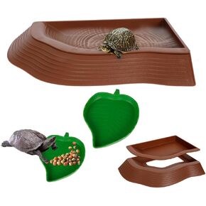 3Pcs Tortoise Bowls with Ramp - Leaf Reptile Tortoise Food Water Dish - Bathing Pool Aquarium Ornament for Lizard Gecko Snake Turtle Bearded Dragon