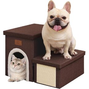 downluxe Dog Stairs for Small Dogs, Foldable Dog Steps for Bed, Sofa and Chair, Non-Slip Pet Steps with Cat Scratcher and Condo (3-Step Pet Stairs, Brown-Beige)