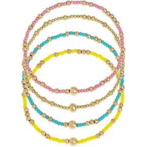 Gold Seed Beads Stack Bracelets Set for Women, 4Pcs Boho Handmade Colorful Stackable Friendship Beaded Stretch Bracelets Prom Jewelry Gift.