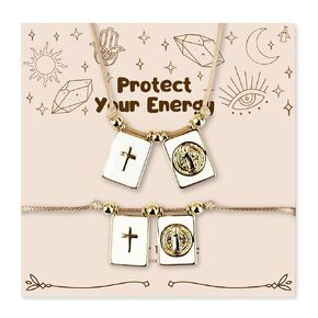 St. Benedict & Cross Scapular Necklace & Bracelet Set – Adjustable Cross Pendant Saint Benedict Medal Necklace for Protection from Evil – Good Luck Bracelet – San Benito Escapulario
