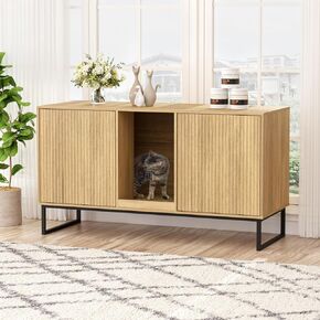Cat Litter Box Enclosure, Fluted Hidden Litter Box Furniture with Cat Scratch Pad, 2 Doors Enclosed Litter Box Cabinet, Modern Indoor Pet House End Table for Living Room, Bedroom, Washroom