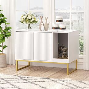Cat Litter Box Enclosure, Fluted Hidden Litter Box Furniture with Cat Scratch Pad, 2 Doors Enclosed Litter Box Cabinet, Modern Indoor Pet House End Table for Living Room, Bedroom, Washroom