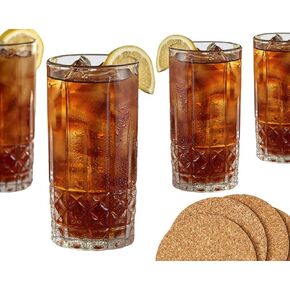 مجموعة أكواب الشرب AMZ Empire 13 أونصة مكونة من 4 قطع - نظارات Evora Highball الجميلة والأنيقة من الزجاج القوي - أكواب الكوكتيل، كوب بهلوان، أكواب المشروبات الباردة مع قواعد الأكواب
