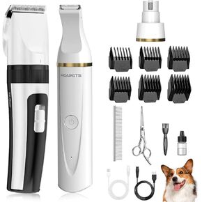 Dog Hair Clippers for Grooming Kit and Dog Paw Trimmer Nail Grinder for Grooming, Low Noise Rechargeable Cordless, Shaver Grooming Supplies for Pet Cats Dogs (Black, White)