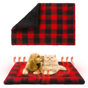 KOOLTAIL Double Used Self Warming Cat Bed Self Heating Cat Dog Mat 28*19inch, Soft Thermal Pet Pad for Indoor Outdoor, Washable Cat Bed Blanket for Large Kitten Puppy Small Animal, Buffalo Plaid Red