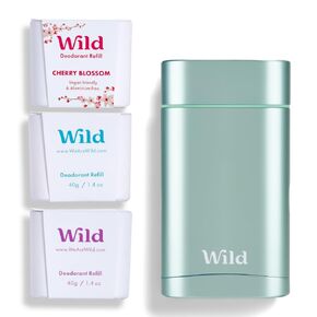Wild - Natural Refillable Deodorant - Vegan & Eco-Friendly - Aluminum Free - Long Lasting Protection - Natural Ingredients - Starter Kit - Aqua Case, Fresh Cotton & Sea Salt Refill - 1.4oz