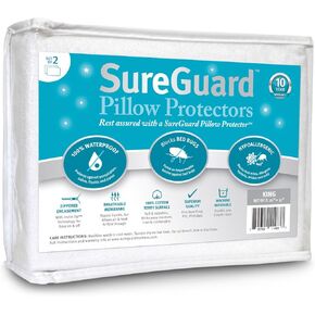 Set of 2 Standard Size SureGuard Pillow Protectors - 100% Waterproof, Bed Bug Proof, Hypoallergenic - Premium Zippered Cotton Terry Covers