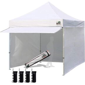 Eurmax USA 10 x 10 Pop up Canopy Commercial Tent Outdoor Party Canopies with 4 Removable Zippered Sidewalls and Roller Bag Bonus 4 Canopy Sand Bags & 24 Squre Ft Extended Awning(White)