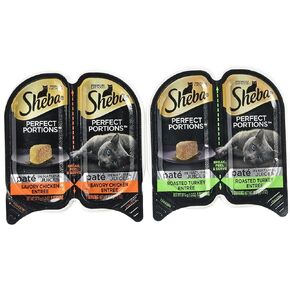 Sheba Perfect Portions Wet Cat Food, Savory Chicken Entrée and Roasted Turkey Entrée, (12) 2.6 Oz Twin-Pack Trays