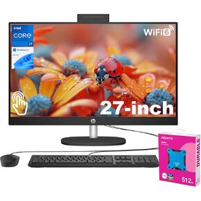 HP Essential All-in-One Desktop | 27" FHD Touchscreen | Intel Core i7-1355U | 64GB RAM | 2TB SSD | Wi-Fi 6 | Wired Keyboard & Mouse | Windows 11 Home | Black | with Adata 512GB External SSD Bundle