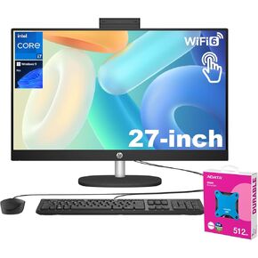HP Essential All-in-One Business Desktop | 27" FHD Touchscreen | Intel Core i7-1355U | 64GB RAM | 2TB SSD | Wi-Fi 6 | Wired KB & Mouse | Windows 11 Pro | Black | with Adata 512GB External SSD Bundle