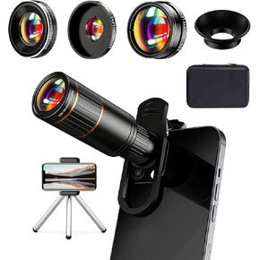 Updated COSULAN Phone Camera Lens Kit 4-in-1, Come with 22X Telephoto Lens, 205° Fisheye Lens, 4K 0.67X Wide Angle Lens, 25X Macro Lens, Clip, and Phone Mini Tripod for iPhone and Android Phone Series