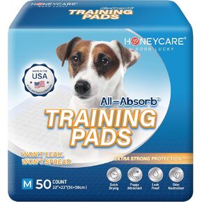 Honey Care All-Absorb Puppy Training Pads Made in The USA! Ultra Absorbent and Odor Eliminating, Leak-Proof 5-Layer Potty Training Pads 22"x23" with Quick-Dry Surface