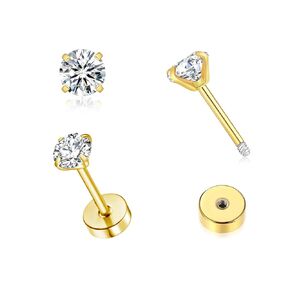 Tiny CZ Screw Flat Back Stud Earrings for Women Men, Hypoallergenic Small Flat Back Stud for Helix Cartilage Tragus Earlobe Piercing Jewelry (Gold 2mm, Emerald CZ)