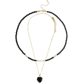 2pcs Necklaces for Women, Natural Stone Beaded Necklace And Heart Pendant Necklace Handmade Necklace Fashionable Stacked Necklaces for Women Gift
