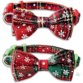 2 Pack Christmas Dog Collar with Bow Tie, Holiday Buffalo Snowflake Collar for Small Medium Large Dogs Cats Pets Puppies