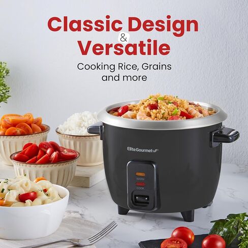 جهاز طبخ الأرز الكهربائي Elite Gourmet ERC003B مع خاصية الحفاظ على الدفء التلقائي يصنع الحساء واليخنات والحبوب والحبوب الساخنة، 6 أكواب مطبوخة (3 أكواب غير مطبوخة)، أسود in Saudi Arabia