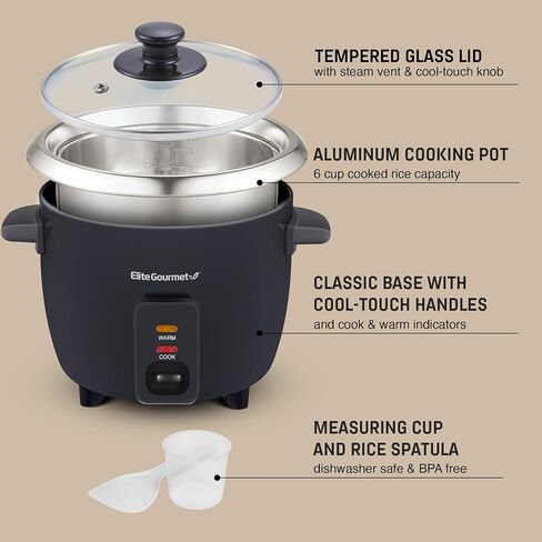 جهاز طبخ الأرز الكهربائي Elite Gourmet ERC003B مع خاصية الحفاظ على الدفء التلقائي يصنع الحساء واليخنات والحبوب والحبوب الساخنة، 6 أكواب مطبوخة (3 أكواب غير مطبوخة)، أسود in Saudi Arabia