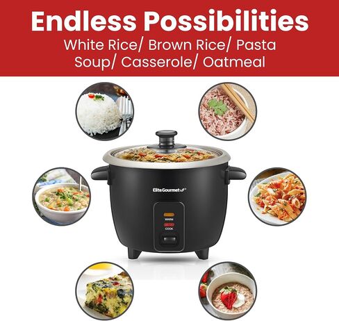جهاز طبخ الأرز الكهربائي Elite Gourmet ERC003B مع خاصية الحفاظ على الدفء التلقائي يصنع الحساء واليخنات والحبوب والحبوب الساخنة، 6 أكواب مطبوخة (3 أكواب غير مطبوخة)، أسود in Saudi Arabia