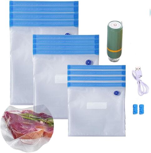 Sous Vide Bags 25pcs, BPA-Free Reusable Vacuum Seal Bags for Food/Freezing safe-25pcs Vacuum Food Storage Bags with Handheld vacuum sealer electric pump & Seal Clips & Air valves for Sous Vide Cooking in Saudi Arabia