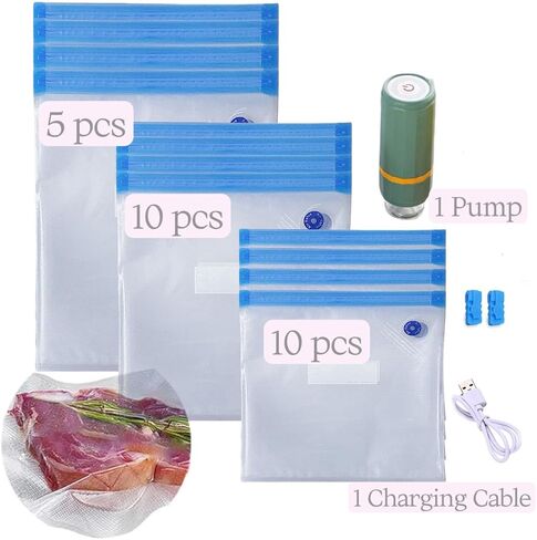 Sous Vide Bags 25pcs, BPA-Free Reusable Vacuum Seal Bags for Food/Freezing safe-25pcs Vacuum Food Storage Bags with Handheld vacuum sealer electric pump & Seal Clips & Air valves for Sous Vide Cooking in Saudi Arabia