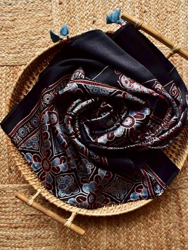 Ajrakh Handblock Printed Mashru Silk and Cotton Stole (Marron) in Kuwait