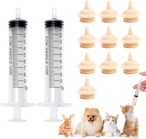 Nipple for Kittens, Pet Feeding Nipples for Nursing 10Pcs Silicone Natural Rubber Nipples Pacifier 2 Needleless Syringes Small Baby Animals Puppies Suitable for Newborn Cat Dog Rabbit Puppy Squirrel in Kuwait