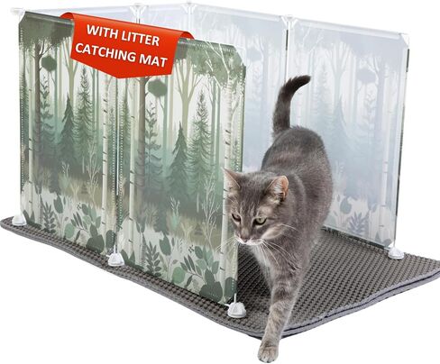 Willow & Duke Extra Large Cat Litter Box Enclosure Shield with Forest Design & Litter Mat - High-Sided Litter Box Splash Guard, Pee Shield, Easy to Clean Scatter Guard for Mess-Free Home in Saudi Arabia
