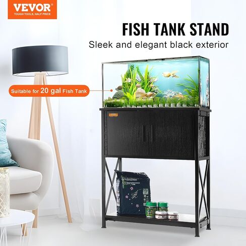 VEVOR Aquarium Stand, 20 Gallon Fish Tank Stand, 25.6 x 16.5 x 31.9 in Steel and MDF Turtle Tank Stand, 167.6 lbs Load Capacity, Reptile Tank Stand with Storage Cabinet and Embedded Power Panel, Black in Saudi Arabia