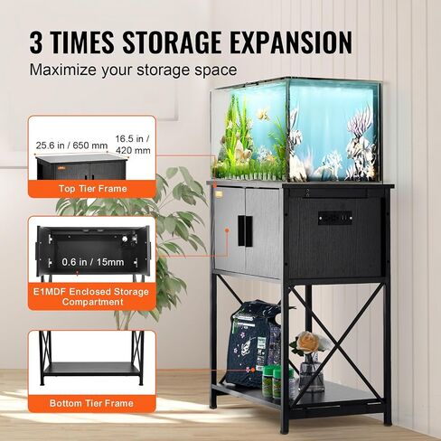 VEVOR Aquarium Stand, 20 Gallon Fish Tank Stand, 25.6 x 16.5 x 31.9 in Steel and MDF Turtle Tank Stand, 167.6 lbs Load Capacity, Reptile Tank Stand with Storage Cabinet and Embedded Power Panel, Black in Saudi Arabia