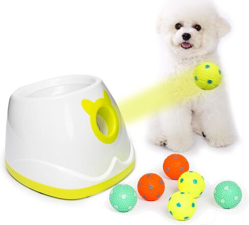 LUXIXI Automatic Ball Launcher for Small to Medium Sized Dogs, 10-30ft Launch Distance, Dog Toy Ball Thrower with 6 Small Sized Latex Balls (White) in Saudi Arabia