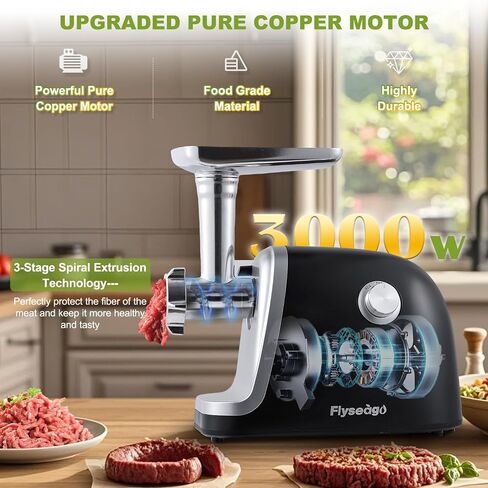 Electric Meat Grinder, Sausage Maker 3000W Max Food Grinder with 2 Blades & 3 Plates, 3 Sausage Stuffers Tubes & Kubbe Kit, Stainless Steel Heavy Duty Meat Mincer Machine for Home Kitchen Use in Saudi Arabia